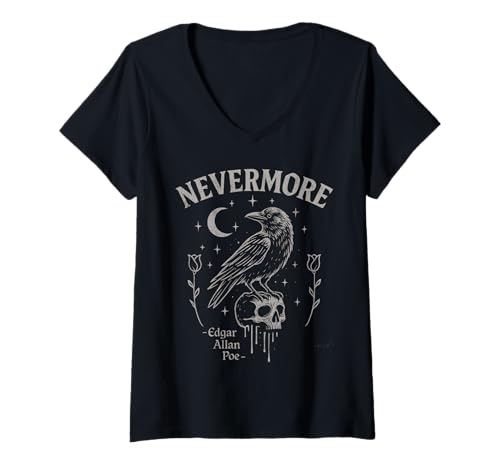 Damen Nevermore Raven Skull Art Gothic Edgar Allan Poe T-Shirt mit V-Ausschnitt Damen Nevermore Raven Skull Art Gothic Edgar Allan Poe T-Shirt mit V-Ausschnitt von The Raven & Poe Society