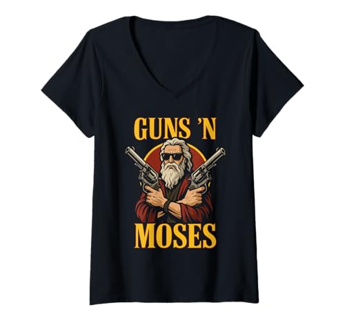 Damen Guns N Moses - Lustiger jüdischer christlicher Bibelrock T-Shirt mit V-Ausschnitt Damen Guns N Moses - Lustiger jüdischer christlicher Bibelrock T-Shirt mit V-Ausschnitt von The Rockn Roll Cave