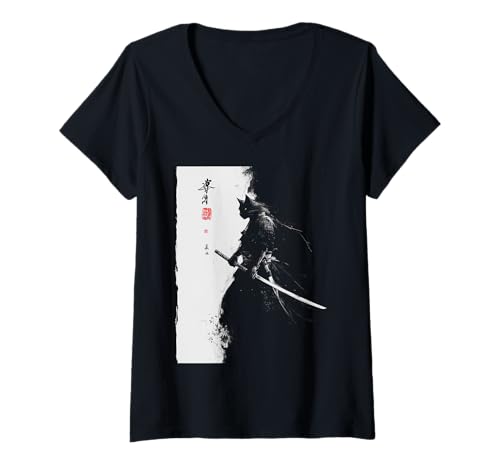 Damen Vintage Samurai Katze Grafik Kunst Japanisch Ukiyo-e T-Shirt mit V-Ausschnitt von The Samurai Cat merch