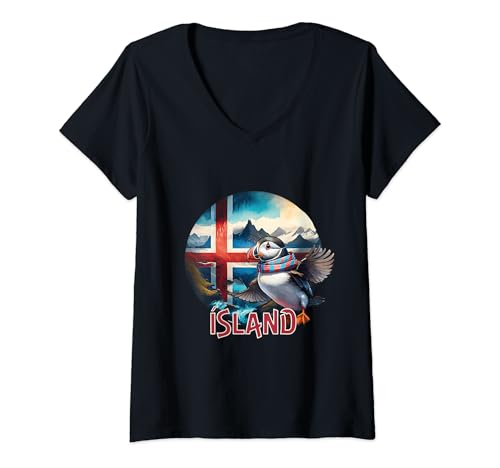 Damen Iceland - Island - Puffin T-Shirt mit V-Ausschnitt Damen Iceland - Island - Puffin T-Shirt mit V-Ausschnitt von The Secret of Moose