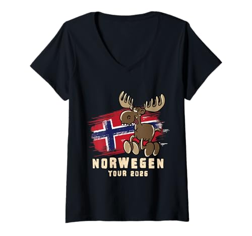 Damen Norwegen Tour 2026 - Elch T-Shirt mit V-Ausschnitt von The Secret of Moose