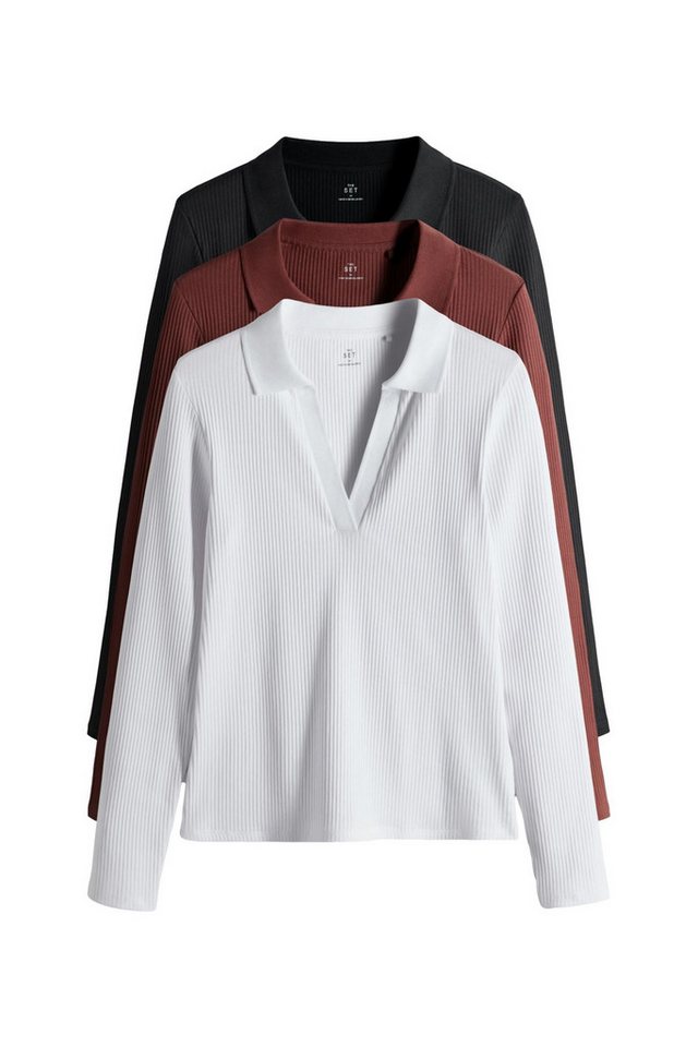 The Set Langarmshirt The Set Gerippte Langarm-Poloshirts, 3er-Pack (3-tlg) von The Set