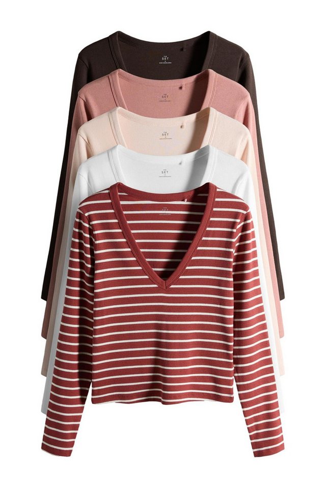 The Set Langarmshirt The Set Gerippte Shirts mit V-Ausschnitt, 5er-Pack (5-tlg) von The Set