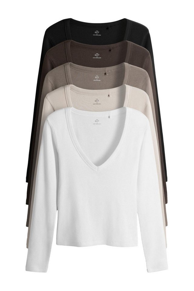 The Set Langarmshirt The Set Gerippte Shirts mit V-Ausschnitt, 5er-Pack (5-tlg) von The Set