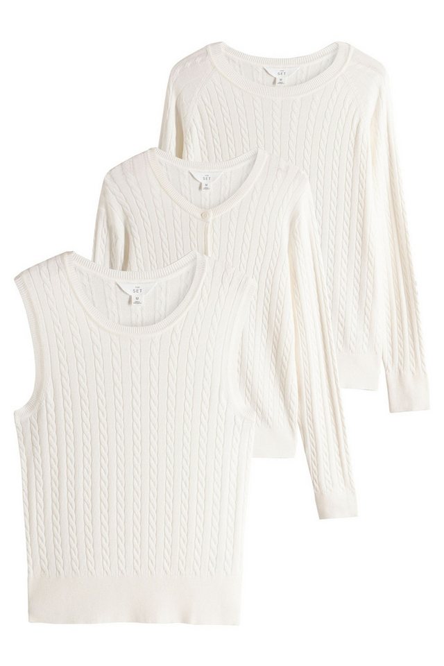 The Set Strickpullover The Set Zopfmusterpulli, Strickjacke und T-Shirt (3-tlg) von The Set