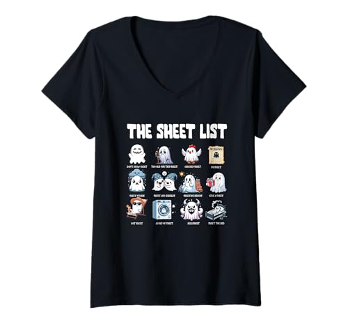 Damen The Sheet List Lustige Geister-Wortspiele, Halloween-Kostüm, Bullsheet T-Shirt mit V-Ausschnitt Damen The Sheet List Lustige Geister-Wortspiele, Halloween-Kostüm, Bullsheet T-Shirt mit V-Ausschnitt von The Sheet List Funny Ghost Puns Costume