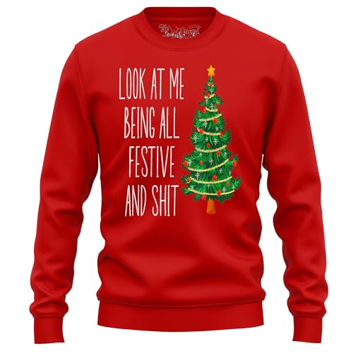 The Shirt Shack Lustiges Vintage Xmas Look At Me Being All Festive And Tree Sweatshirt – Festive AF! Unisex bedrucktes Design, perfekt für die Verbreitung von Urlaubsstimmung und Lachen!, rot, L von The Shirt Shack