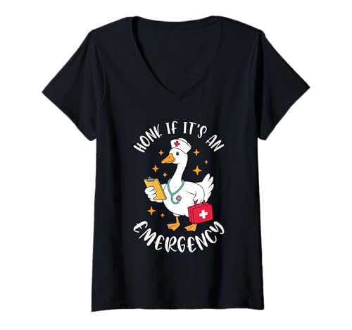 Damen Silly Goose Nurse Honk, WENN ES EIN Notfall IST, LUSTIGE Krankenpflege T-Shirt mit V-Ausschnitt Damen Silly Goose Nurse Honk, WENN ES EIN Notfall IST, LUSTIGE Krankenpflege T-Shirt mit V-Ausschnitt von The Silly Scrub Goose