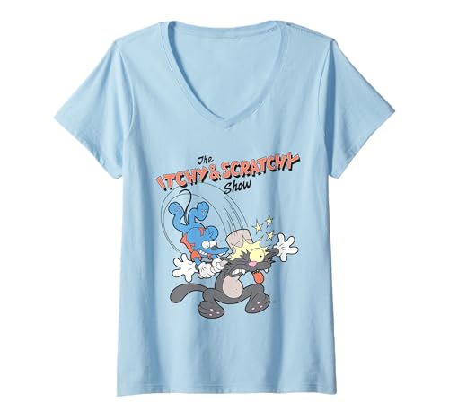 Damen Die Simpsons Itchy & Scratchy Hammer Klassisches Cartoon-Chaos T-Shirt mit V-Ausschnitt von The Simpsons