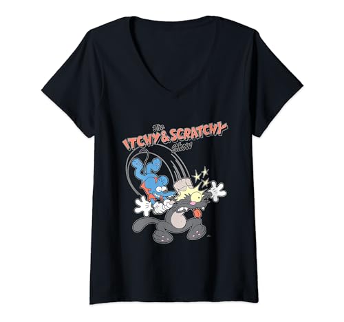 Damen Die Simpsons Itchy & Scratchy Hammer Klassisches Cartoon-Chaos T-Shirt mit V-Ausschnitt von The Simpsons