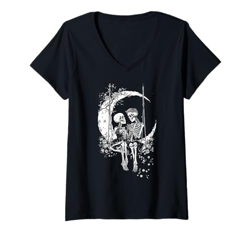 Damen Skelett Paar Mond Swing Rock and Roll T-Shirt mit V-Ausschnitt Damen Skelett Paar Mond Swing Rock and Roll T-Shirt mit V-Ausschnitt von The Skeleton Couple Fan Co.