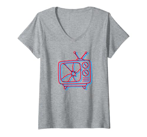 Damen Smashed TV LoFi 80s Stereoskopisches Anaglyphen-Design T-Shirt mit V-Ausschnitt Damen Smashed TV LoFi 80s Stereoskopisches Anaglyphen-Design T-Shirt mit V-Ausschnitt von The Smashing TVs
