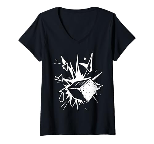 Damen Brick Through Glass 80er-Retro-Punk-Ästhetik T-Shirt mit V-Ausschnitt von The Smashing Windows