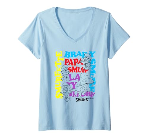 Damen The Smurfs Character Outlines and Groovy Text Cartoon T-Shirt mit V-Ausschnitt von The Smurfs