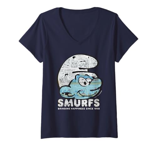 Damen The Smurfs Movie Bringing Happiness Comicbuch-Muster T-Shirt mit V-Ausschnitt von The Smurfs