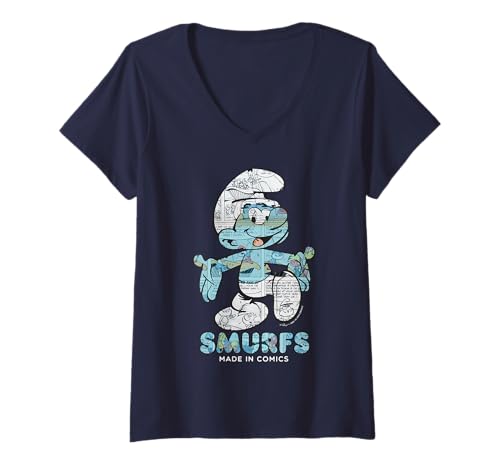 Damen The Smurfs Movie Made In Comics Comicbuch-Muster T-Shirt mit V-Ausschnitt von The Smurfs