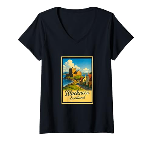 Damen Blackness Scotland Vintage Reise Souvenir Post Art Grafik T-Shirt mit V-Ausschnitt von The Snazzy Schnitzel Tees Apparel and Design