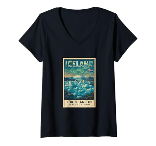 Damen Joklulsarlon Gletscher Lagune Island Souvenir Kunst Grafik T-Shirt mit V-Ausschnitt von The Snazzy Schnitzel Tees Apparel and Design