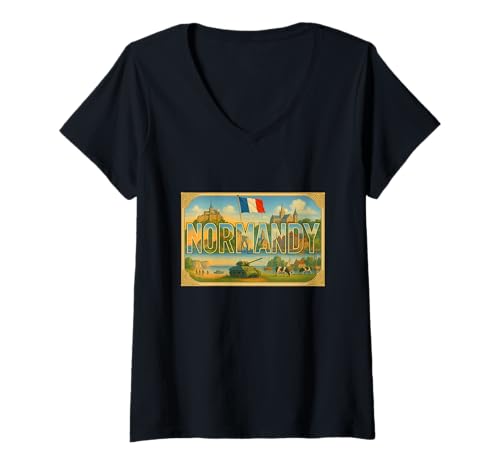 Damen Normandie Frankreich Vintage Reise Souvenir Poster Kunst Grafik T-Shirt mit V-Ausschnitt Damen Normandie Frankreich Vintage Reise Souvenir Poster Kunst Grafik T-Shirt mit V-Ausschnitt von The Snazzy Schnitzel Tees Apparel and Design