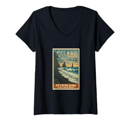 Damen Reynisfjara Black Sand Beach Island Vintage Art Grafik T-Shirt mit V-Ausschnitt Damen Reynisfjara Black Sand Beach Island Vintage Art Grafik T-Shirt mit V-Ausschnitt von The Snazzy Schnitzel Tees Apparel and Design