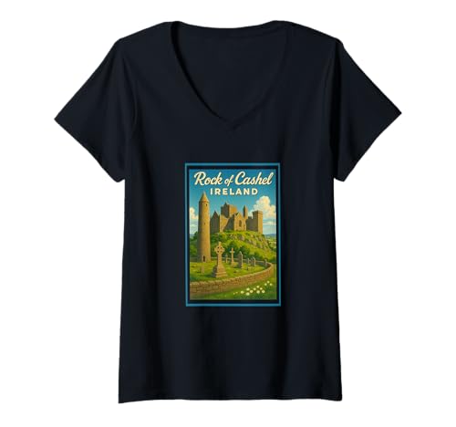 Damen Rock of Cashel Irland Vintage Reise Souvenir Kunst Grafik T-Shirt mit V-Ausschnitt Damen Rock of Cashel Irland Vintage Reise Souvenir Kunst Grafik T-Shirt mit V-Ausschnitt von The Snazzy Schnitzel Tees Apparel and Design