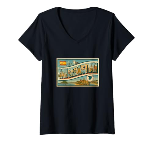Damen San Sebastian Spanien Vintage Reise Souvenir Post Art Grafik T-Shirt mit V-Ausschnitt Damen San Sebastian Spanien Vintage Reise Souvenir Post Art Grafik T-Shirt mit V-Ausschnitt von The Snazzy Schnitzel Tees Apparel and Design