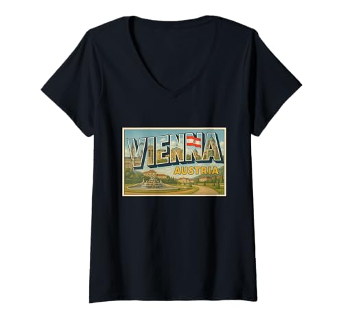 Damen Wien Österreich Vintage Reise Souvenir Poster Kunst Grafik T-Shirt mit V-Ausschnitt von The Snazzy Schnitzel Tees Apparel and Design