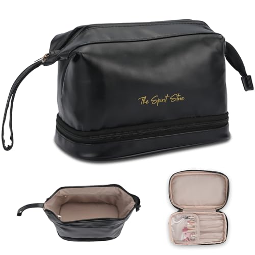 The Spirit Store Kulturtasche Damen | Makeup Bag | Schminktasche | Beauty Case | Reise Kulturbeutel Damen | Groß XXL | Schwarz PU-Leder | Stabil & Stilvoll | Extra Pinselfach & Innentasche von The Spirit Store