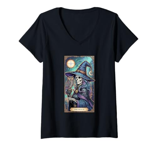 Damen Das Hexenskelett mit Eule und Mondlicht T-Shirt mit V-Ausschnitt Damen Das Hexenskelett mit Eule und Mondlicht T-Shirt mit V-Ausschnitt von The Tarot Halloween Collection Click here for more