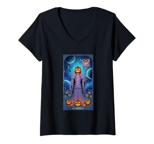 Damen Das Hierophant Tarot-Kürbis-Halloween-Design T-Shirt mit V-Ausschnitt Damen Das Hierophant Tarot-Kürbis-Halloween-Design T-Shirt mit V-Ausschnitt von The Tarot Halloween Collection Click here for more