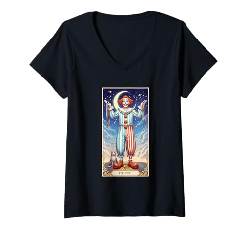 Damen Der Narrenclown Tarot Kosmische Traumlandschaft T-Shirt mit V-Ausschnitt Damen Der Narrenclown Tarot Kosmische Traumlandschaft T-Shirt mit V-Ausschnitt von The Tarot Halloween Collection Click here for more