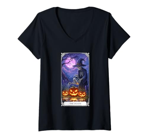 Damen The Death Tarotkarte Halloween Skelett T-Shirt mit V-Ausschnitt von The Tarot Halloween Collection Click here for more