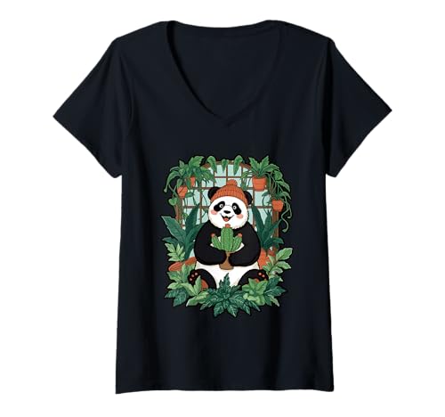Damen Die friedliche Harmonie eines Pandas und der Begrünung in Innenräumen T-Shirt mit V-Ausschnitt von The Tranquil Panda and Houseplant Collective