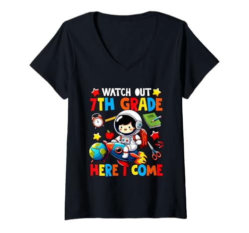 Damen Watch Out 7th Grade Costume Space Galaxy Lover Students Kids T-Shirt mit V-Ausschnitt Damen Watch Out 7th Grade Costume Space Galaxy Lover Students Kids T-Shirt mit V-Ausschnitt von The Universe Back To School Costume
