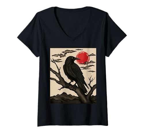 Damen Dunkler Rabe und Sonne, Krähe, Dunkler Vogel, Japanisches Tintendesign T-Shirt mit V-Ausschnitt Damen Dunkler Rabe und Sonne, Krähe, Dunkler Vogel, Japanisches Tintendesign T-Shirt mit V-Ausschnitt von The Unmoved Beast Arts
