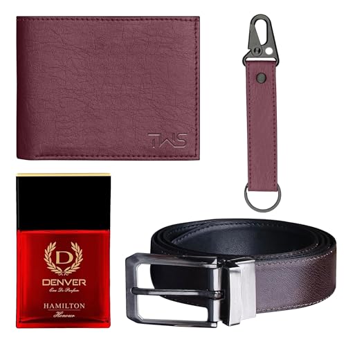The Wallet Store Essential Leder Geldbörse mit Schlüsselbund Gürtel & Parfüm Geschenkset für Ihn, Cherry_NP, Casual von The Wallet Store