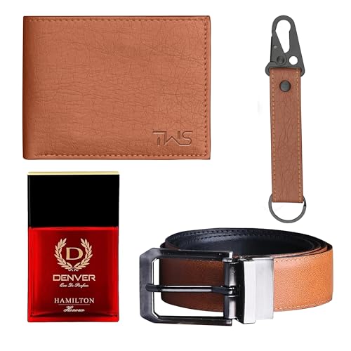 The Wallet Store Essential Leder Geldbörse mit Schlüsselbund Gürtel & Parfüm Geschenkset für Ihn, Tan_NP, Casual von The Wallet Store