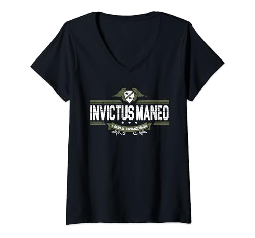 Damen Invictus Maneo - Bedeutung auf Lateinisch "I Remain Unvanquished" T-Shirt mit V-Ausschnitt von The Way of the Warrior