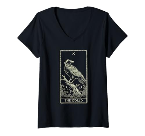 Damen The World Tarot Art – Raven Cosmic Unity Design V3 T-Shirt mit V-Ausschnitt von The World Tarot Art Oracle Raven Spiritual Apparel
