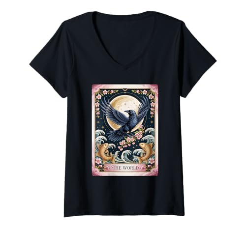 Damen The World Tarot – Raven Cosmic Unity Design T-Shirt mit V-Ausschnitt von The World Tarot Art Oracle Raven Spiritual Apparel
