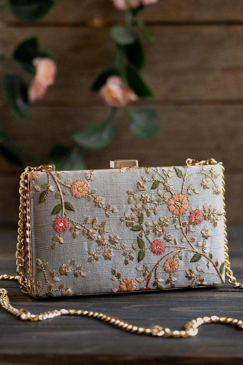 Braut Box Clutch - Grau Mit Blumenmuster, Brauttasche Für Hochzeit, Brautpartygeschenk, Diwali Geschenke von TheAMYRAStore