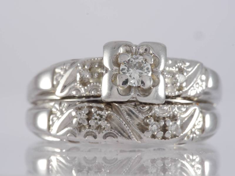 Antik Art Deco 14K Weiß Gold Diamant Floral Swirl Matched Braut Set .20 Ctw von TheAntiqueAppeal