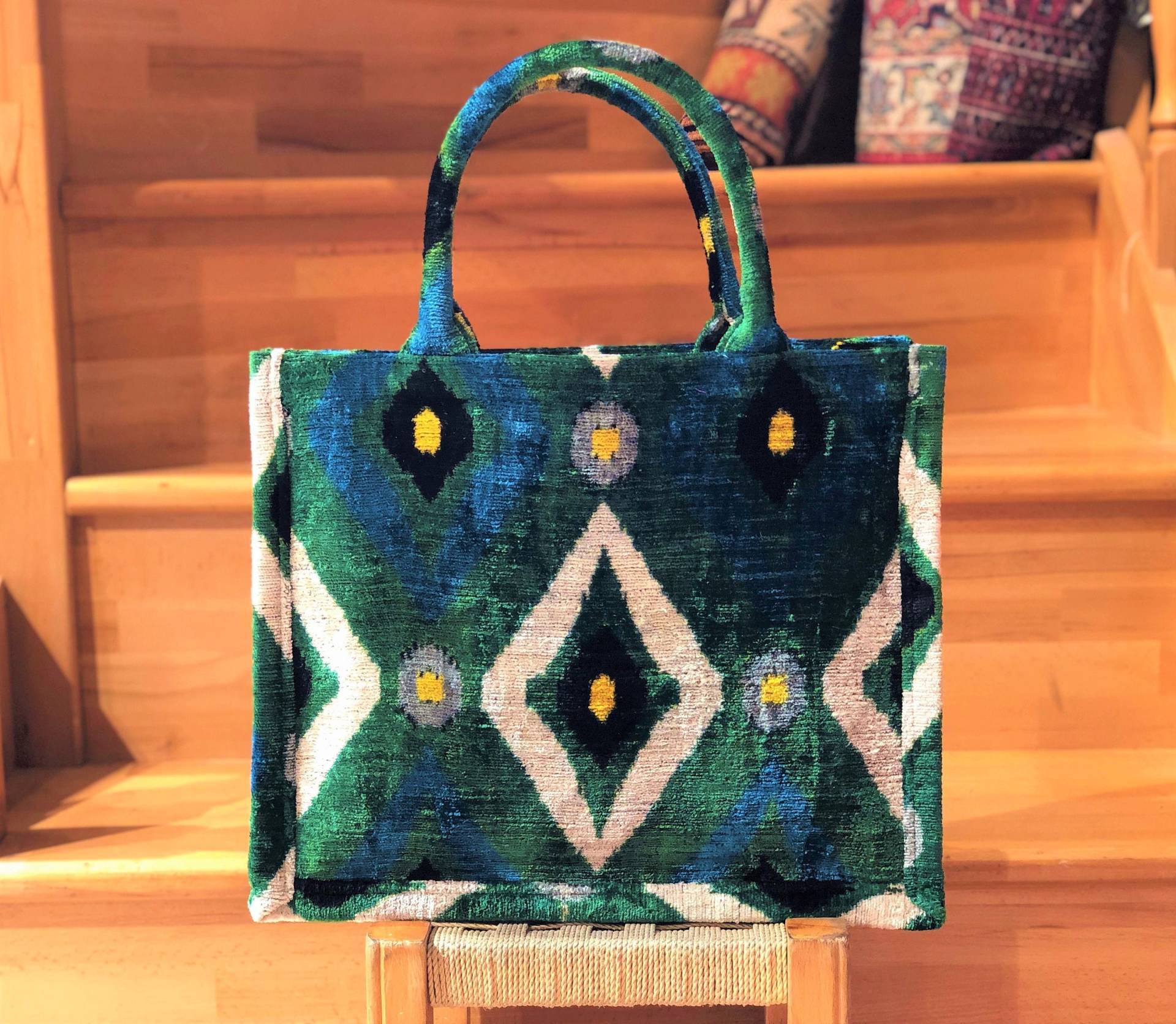 Grüne Samt Ikat Einkaufstasche Seide Handtasche, Hergestellt in Der Türkei von TheBagroomCo