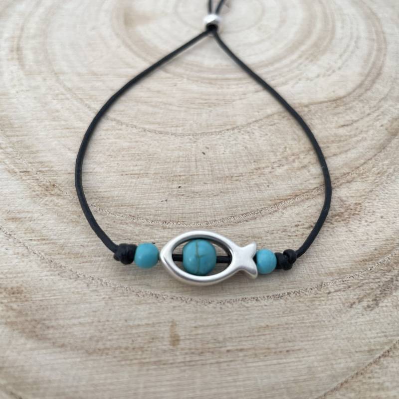 Fisch Mit Türkisperlen, Zierliches Lederarmband, Maritimer Sommerschmuck, Ichtys, Geschenkidee Kommunion, Konfirmation, Taufe, Fisch Armband von TheBeautifulOneShop