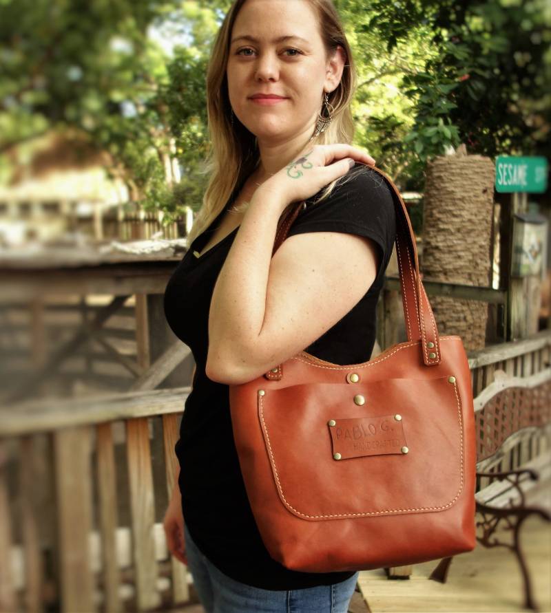 Handgemachte Kleine Cognac-Einkaufstasche Mit Taschen, Geldbörse, Horween-Vollnarbenleder von TheBestLeathers