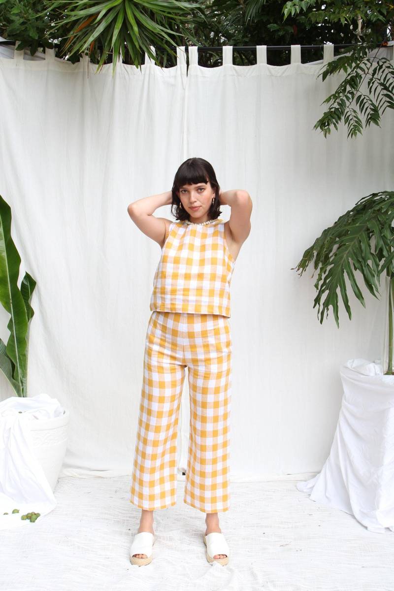 Hoch Taillierte Gelbe Gingham Leinenhose. Damen Gold Karo Kurz Hose Weites Bein Hose. Cilla - Honey Check Hoch Taillierte Gelbe Gingham Leinenhose. Damen Gold Karo Kurz Hose Weites Bein Hose. Cilla - Honey Check von TheBilboaLoft