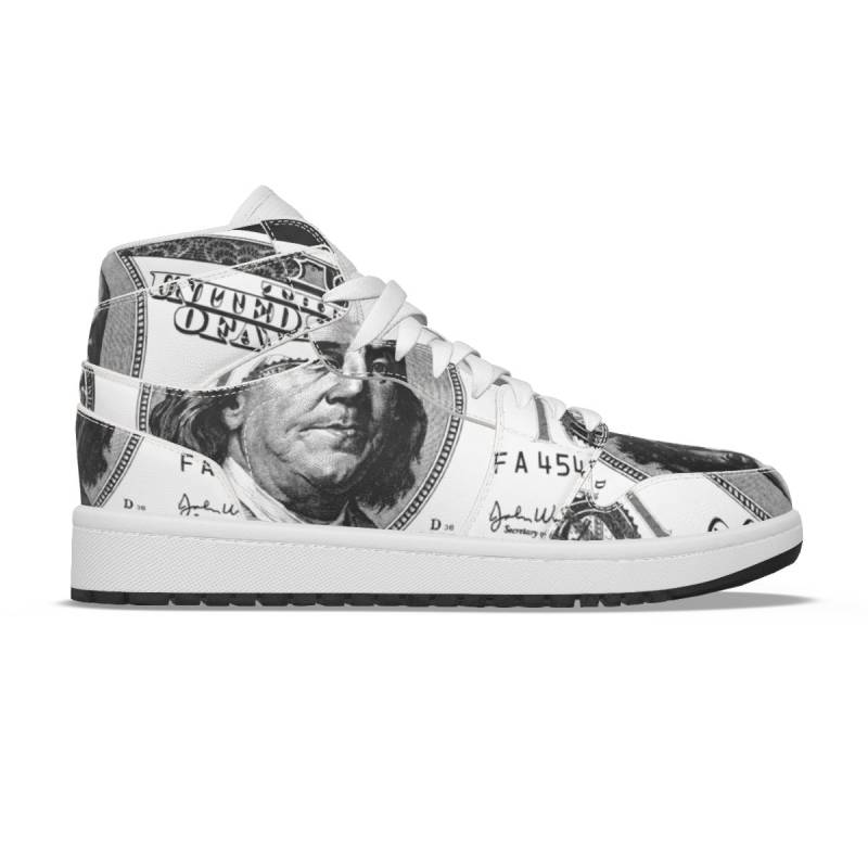 Geldschuh 100 Cash Dollar Bill Ben Franklin Fiat Herren Unisex Kunstleder High Top Schuhe | Weiß Und Schwarz von TheBjorlieCollection
