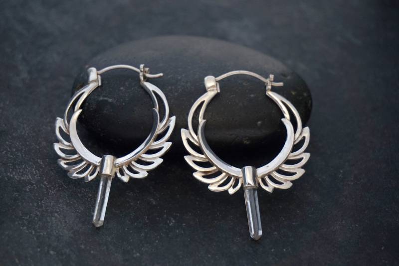 Silber Feder Ohrringe - Massiv Sterling Kristall Mond Göttin Schmuck Klarquarz Punkte Edelstein | 090S von TheBlissfulCo