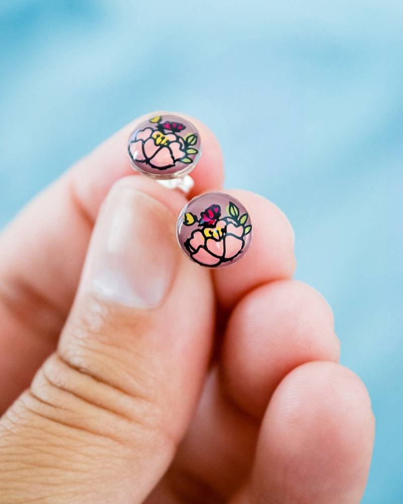 Sterling Silber Blumen Ohrringe - Pink & Mauve Peony Bezel Studs von TheBloomingThread