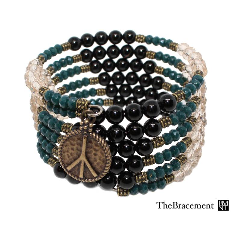 Fünf-Schicht-Memory Wire Wrap Armband - 6 Mm Schwarz Achat Perlen Teal & Camel Facettierten Glasperlen Legierung Tube Spacers Frieden Charme von TheBracement